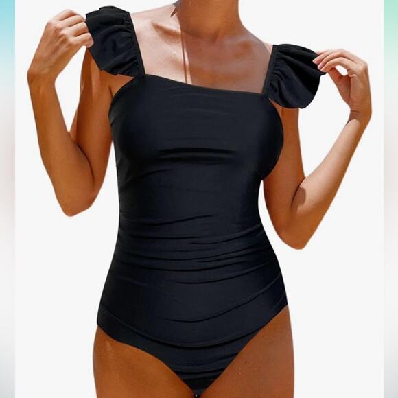 Hilinker Black one piece Swimsuit with Shoulder Ruffle NWT Woman Size Medium - Picture 6 of 11